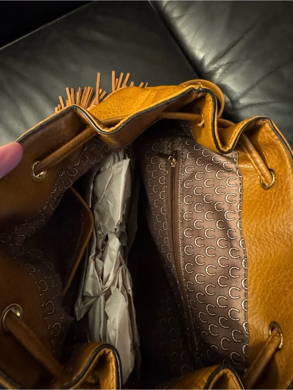 Autumn & Spring Fringe Drawstring Backpack - Cognac Leather